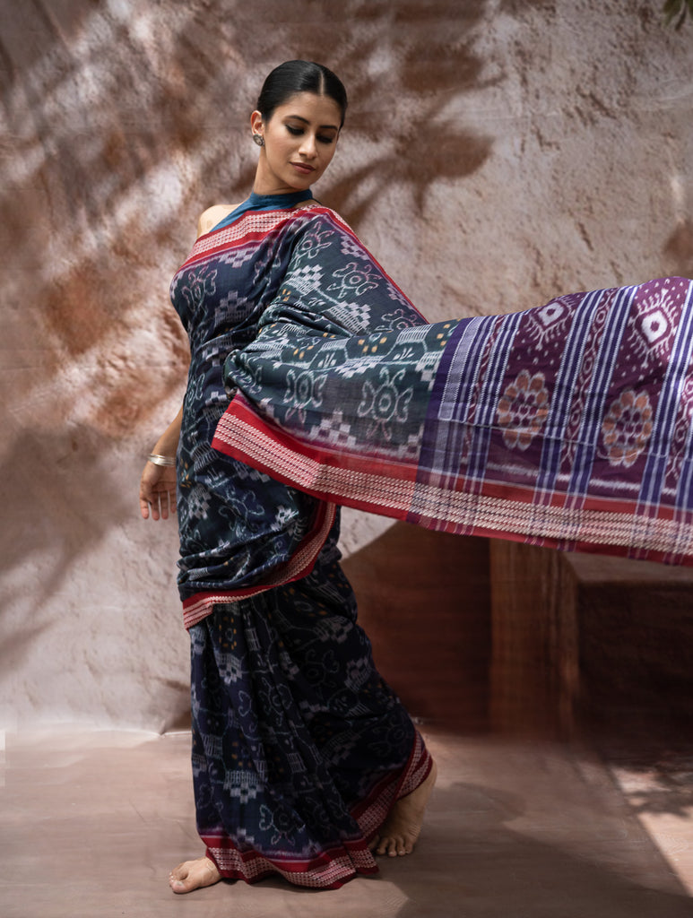 Sambalpuri Handwoven Ikat Soft Cotton Saree - Neel Rangavali
