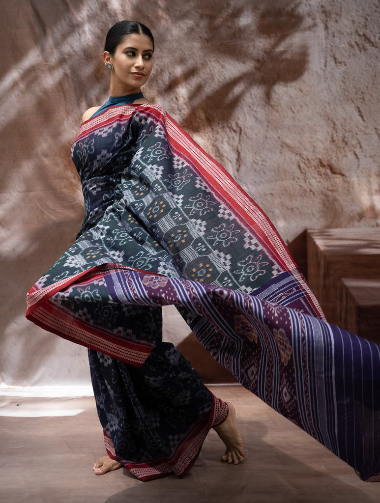 Sambalpuri Handwoven Ikat Soft Cotton Saree - Neel Rangavali
