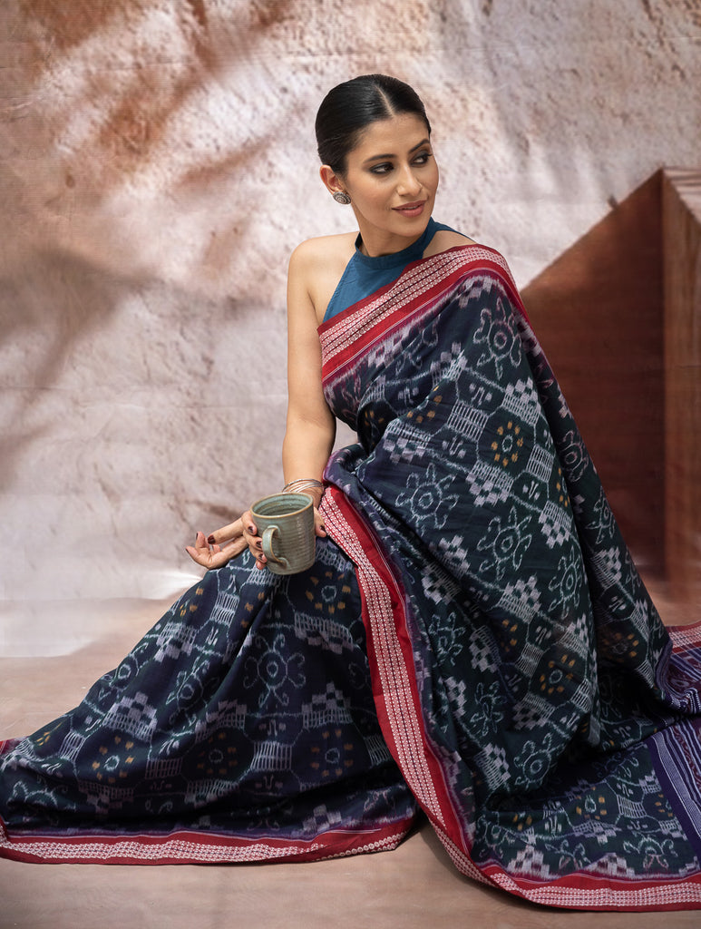 Sambalpuri Handwoven Ikat Soft Cotton Saree - Neel Rangavali