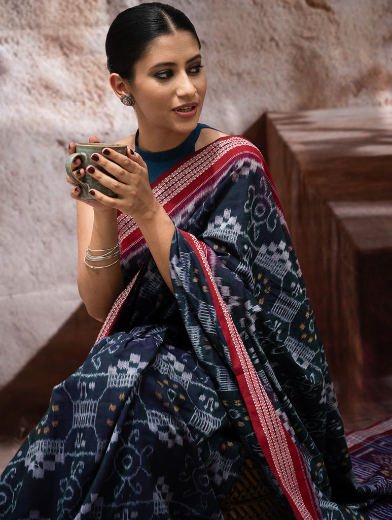 Sambalpuri Handwoven Ikat Soft Cotton Saree - Neel Rangavali