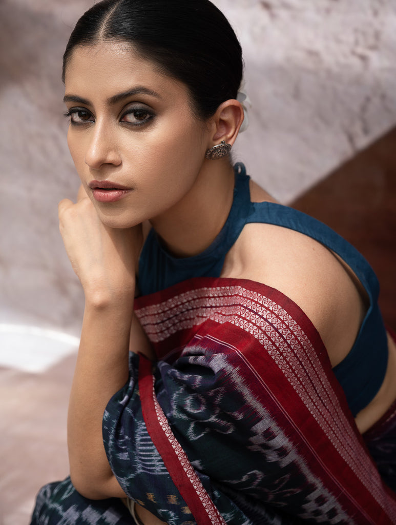 Sambalpuri Handwoven Ikat Soft Cotton Saree - Neel Rangavali