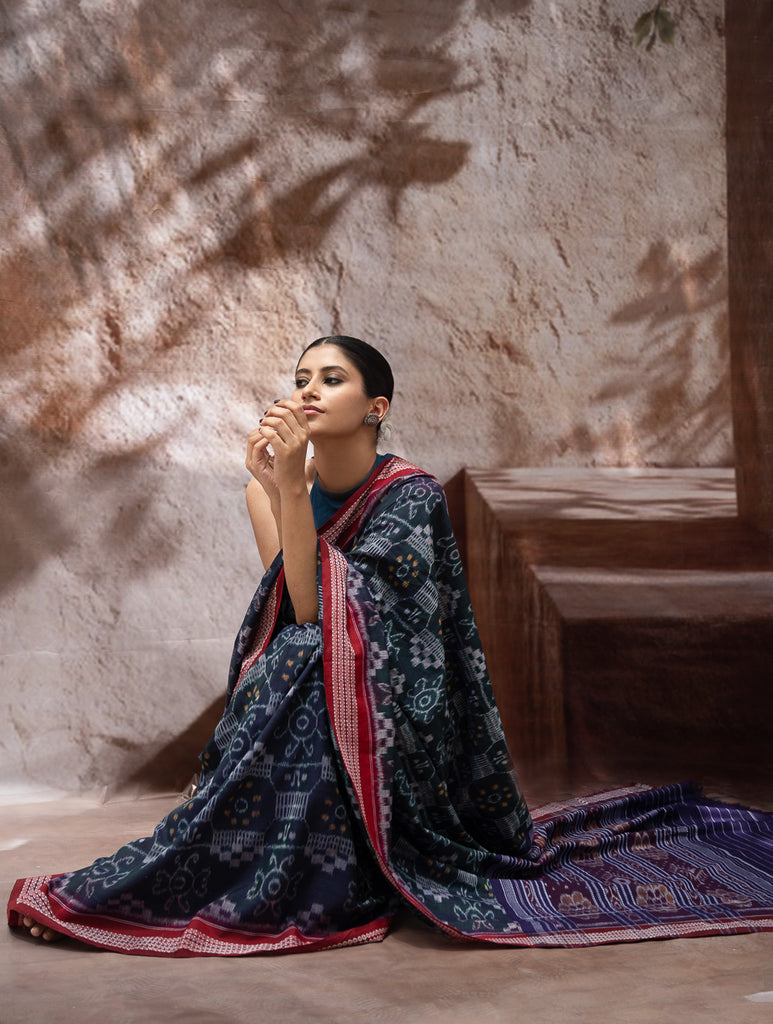 Sambalpuri Handwoven Ikat Soft Cotton Saree - Neel Rangavali