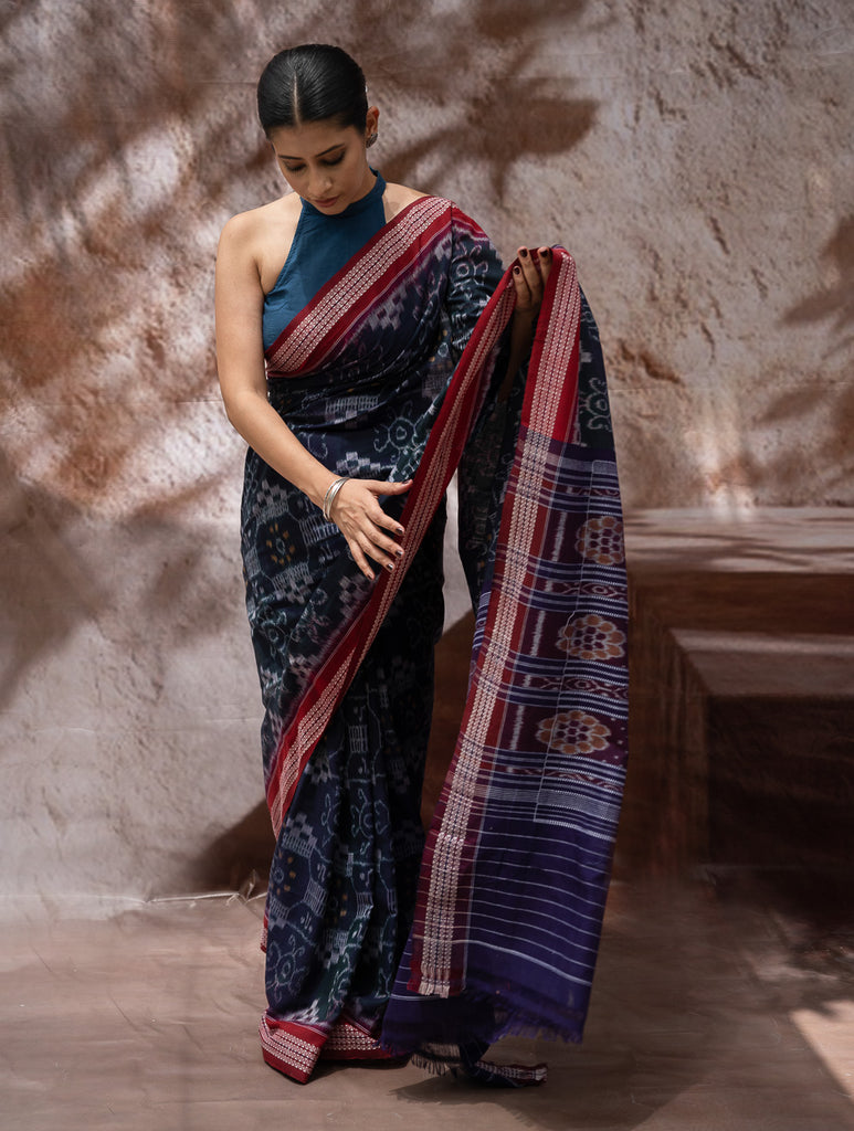 Sambalpuri Handwoven Ikat Soft Cotton Saree - Neel Rangavali