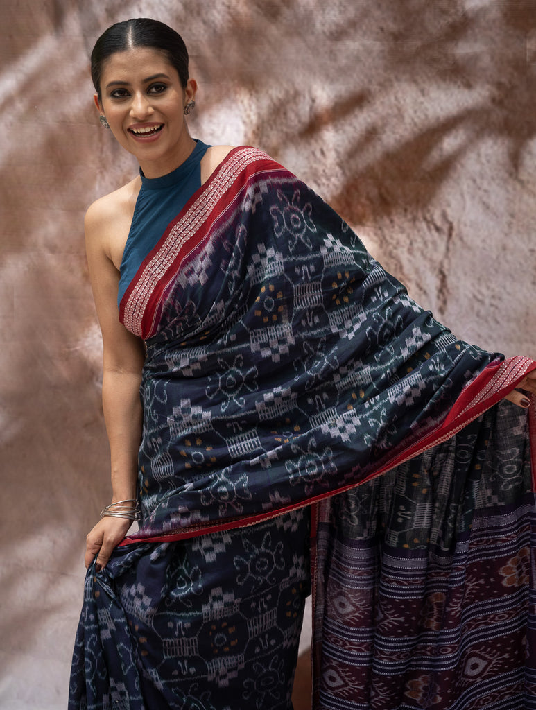 Sambalpuri Handwoven Ikat Soft Cotton Saree - Neel Rangavali