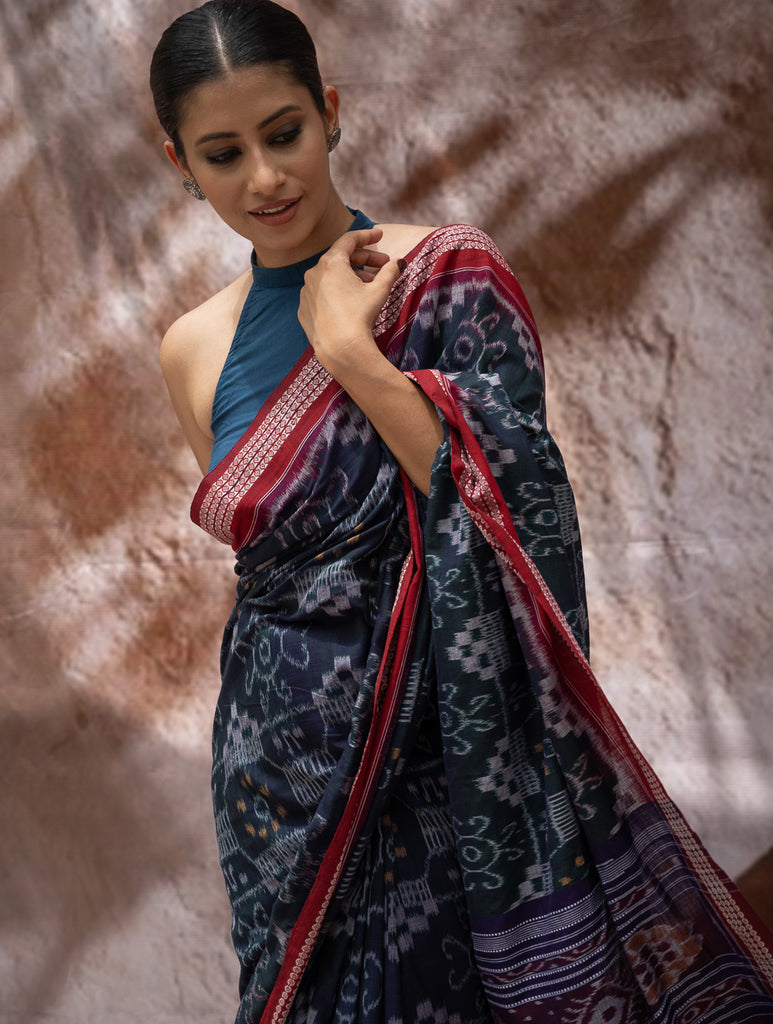 Sambalpuri Handwoven Ikat Soft Cotton Saree - Neel Rangavali