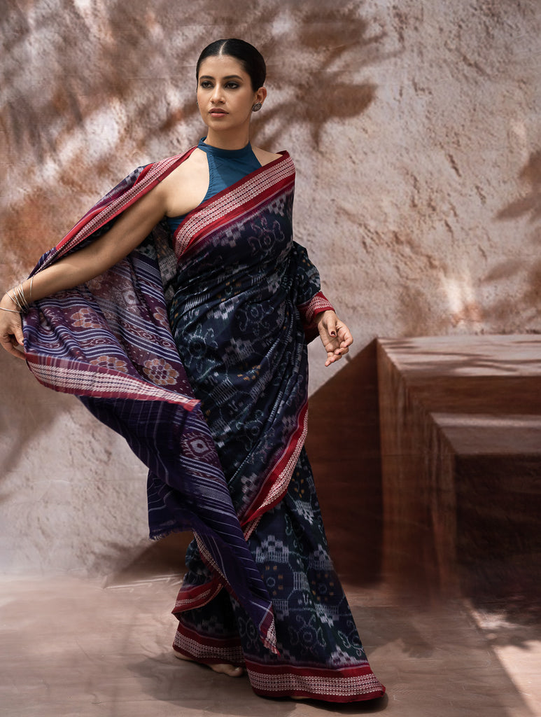 Sambalpuri Handwoven Ikat Soft Cotton Saree - Neel Rangavali