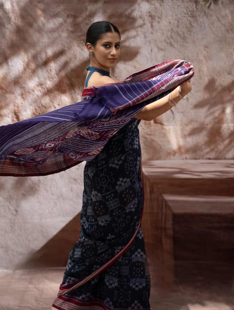 Sambalpuri Handwoven Ikat Soft Cotton Saree - Neel Rangavali