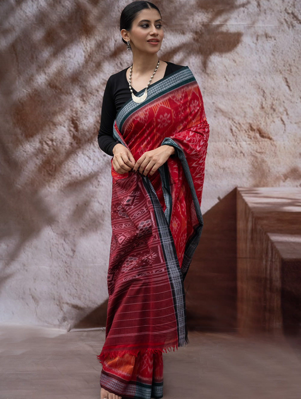 Load image into Gallery viewer, Sambalpuri Handwoven Ikat Soft Cotton Saree - Sindoori