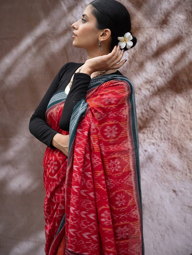Sambalpuri Handwoven Ikat Soft Cotton Saree - Sindoori
