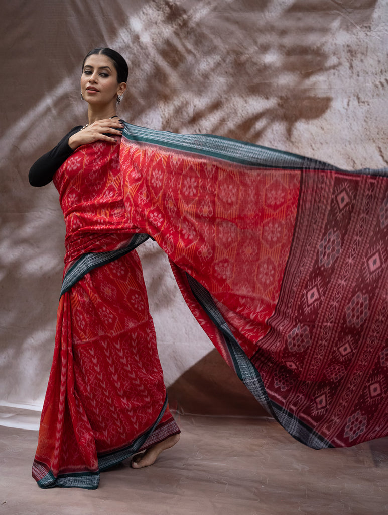 Sambalpuri Handwoven Ikat Soft Cotton Saree - Sindoori