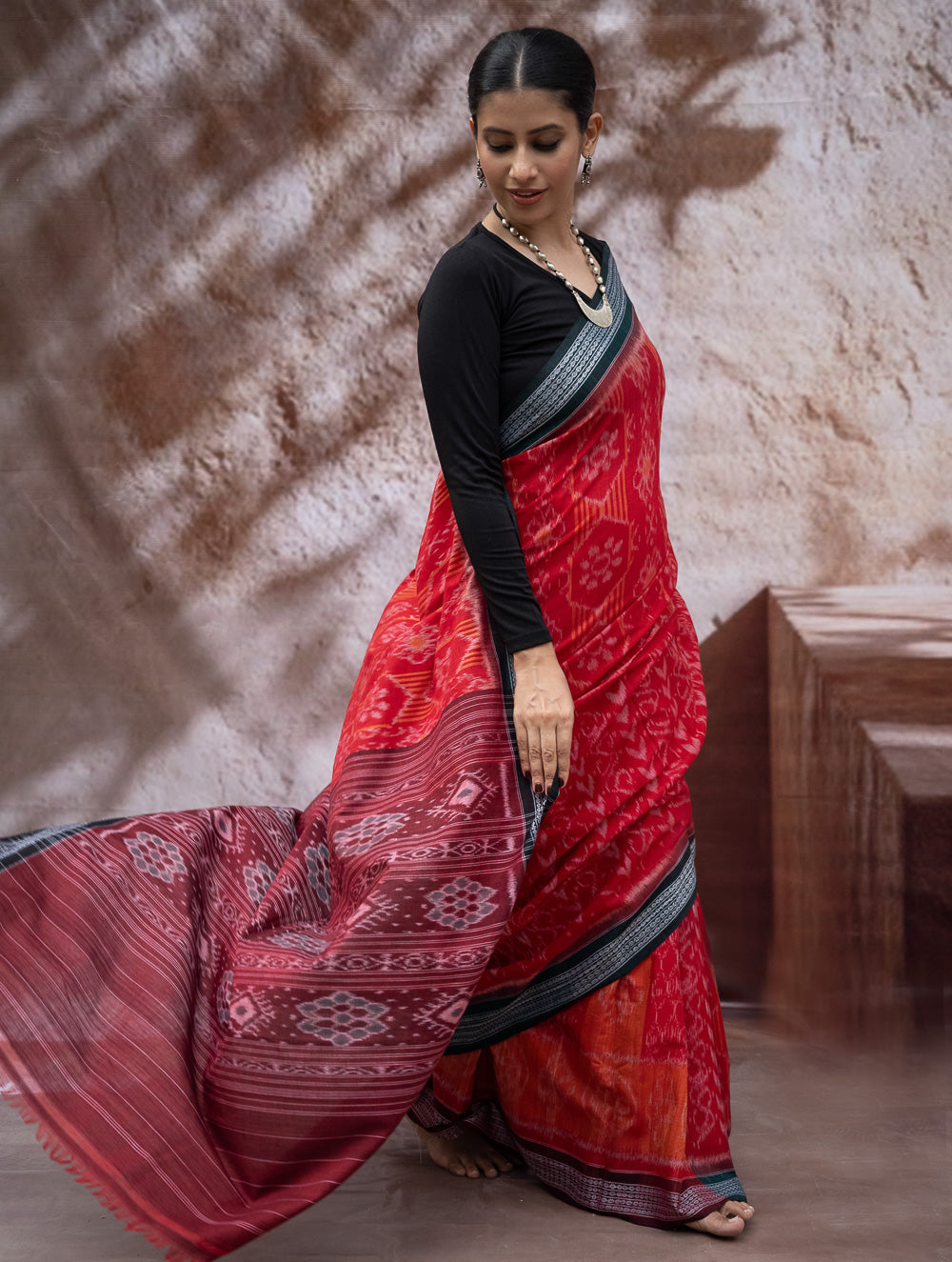 Load image into Gallery viewer, Sambalpuri Handwoven Ikat Soft Cotton Saree - Sindoori