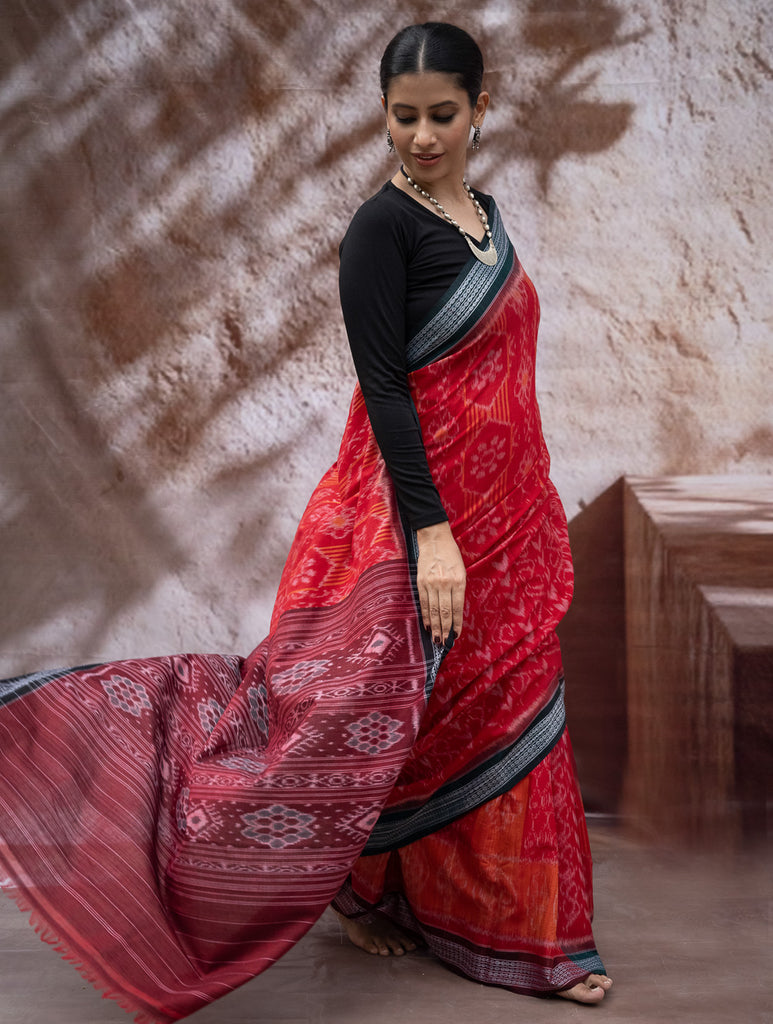 Sambalpuri Handwoven Ikat Soft Cotton Saree - Sindoori