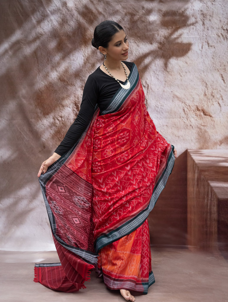Sambalpuri Handwoven Ikat Soft Cotton Saree - Sindoori