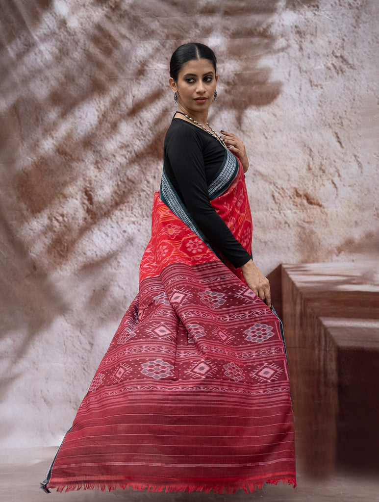 Sambalpuri Handwoven Ikat Soft Cotton Saree - Sindoori