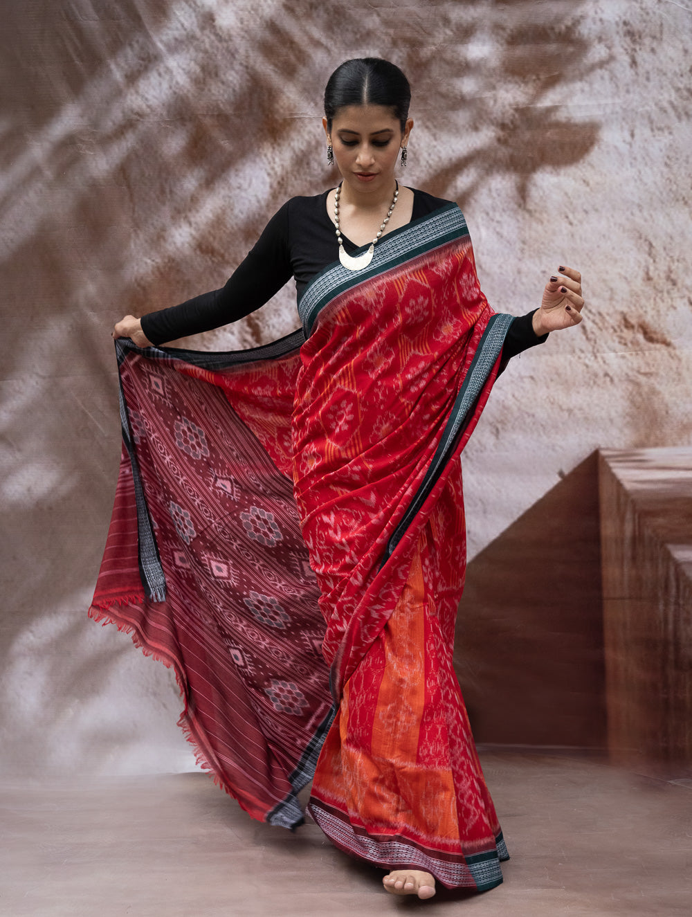 Load image into Gallery viewer, Sambalpuri Handwoven Ikat Soft Cotton Saree - Sindoori