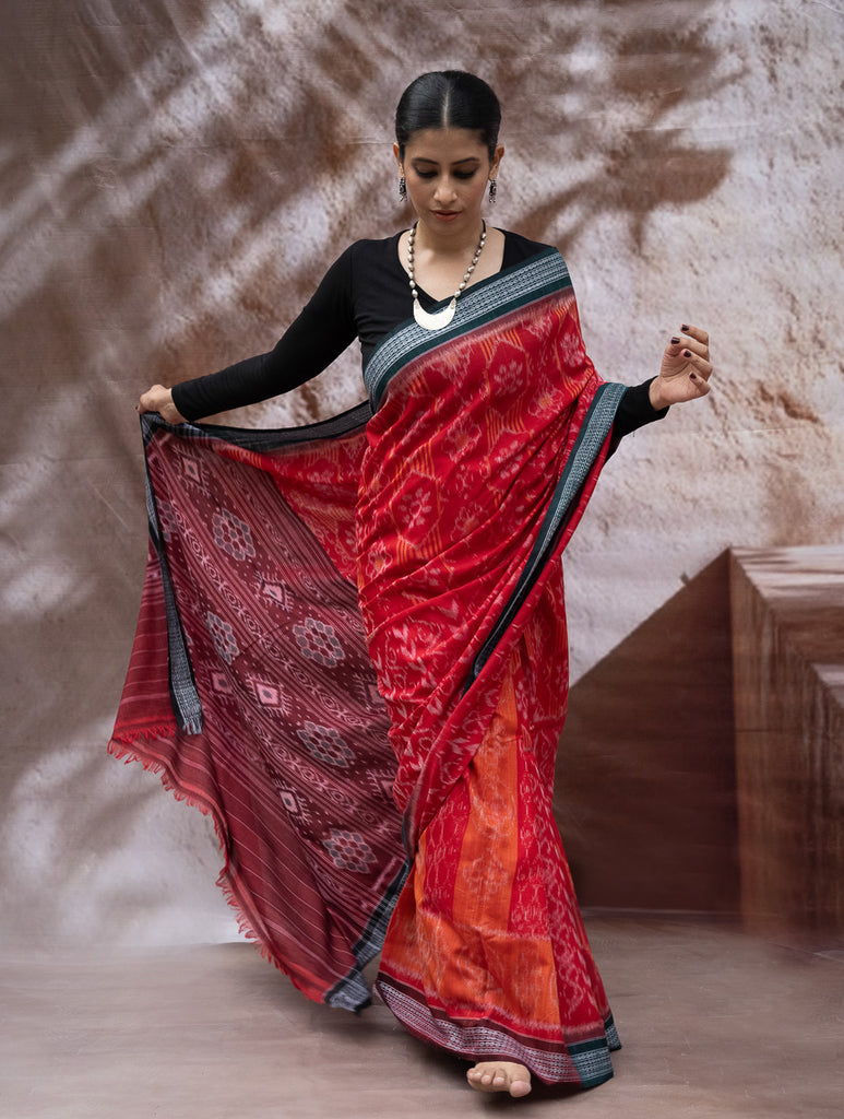 Sambalpuri Handwoven Ikat Soft Cotton Saree - Sindoori