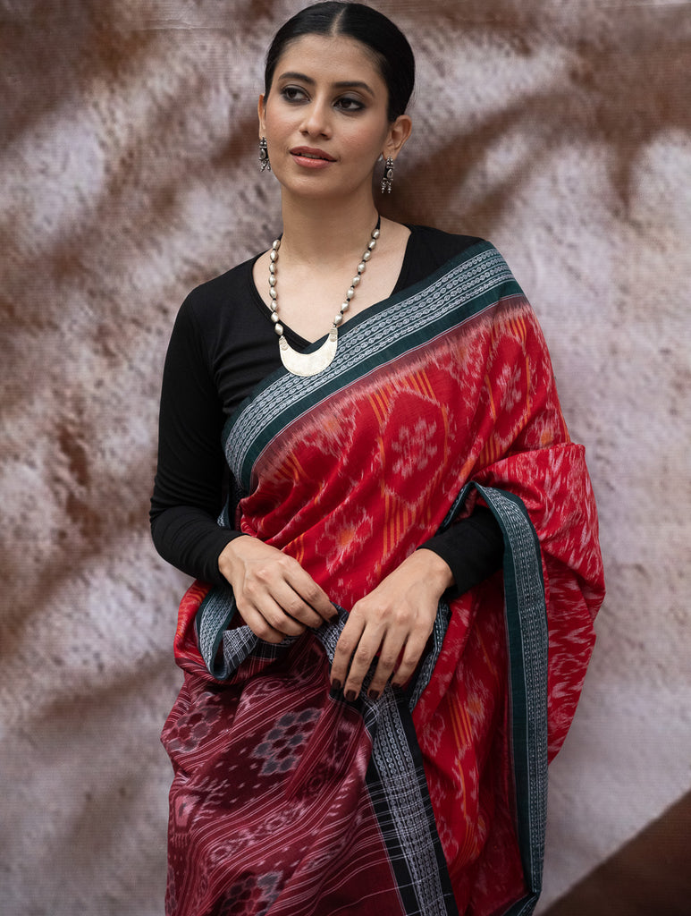 Sambalpuri Handwoven Ikat Soft Cotton Saree - Sindoori