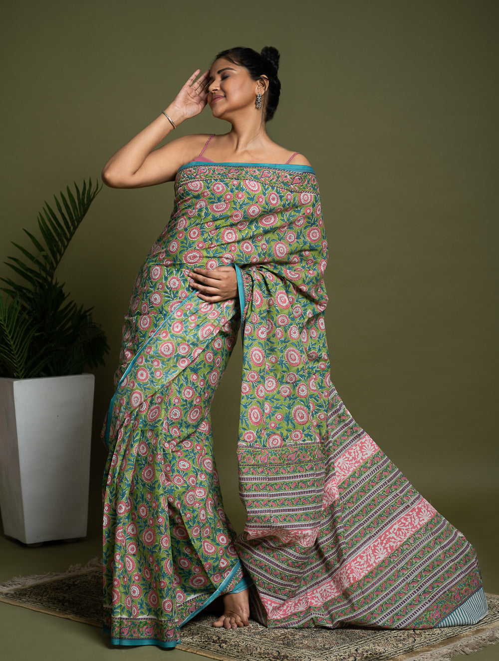 Sanganer Statements. Hand Block Printed Mul Cotton Saree - Green Flora