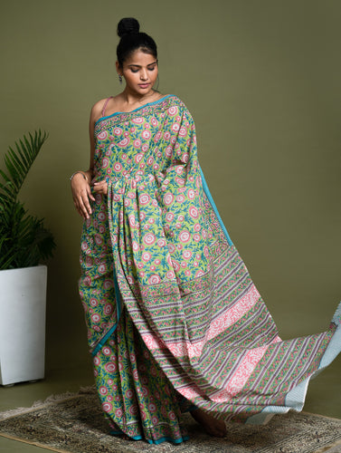 Sanganer Statements. Hand Block Printed Mul Cotton Saree - Green Flora