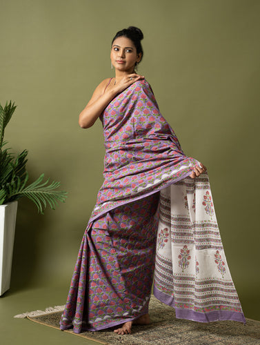 Sanganer Statements. Hand Block Printed Mul Cotton Saree - Mauve Flora