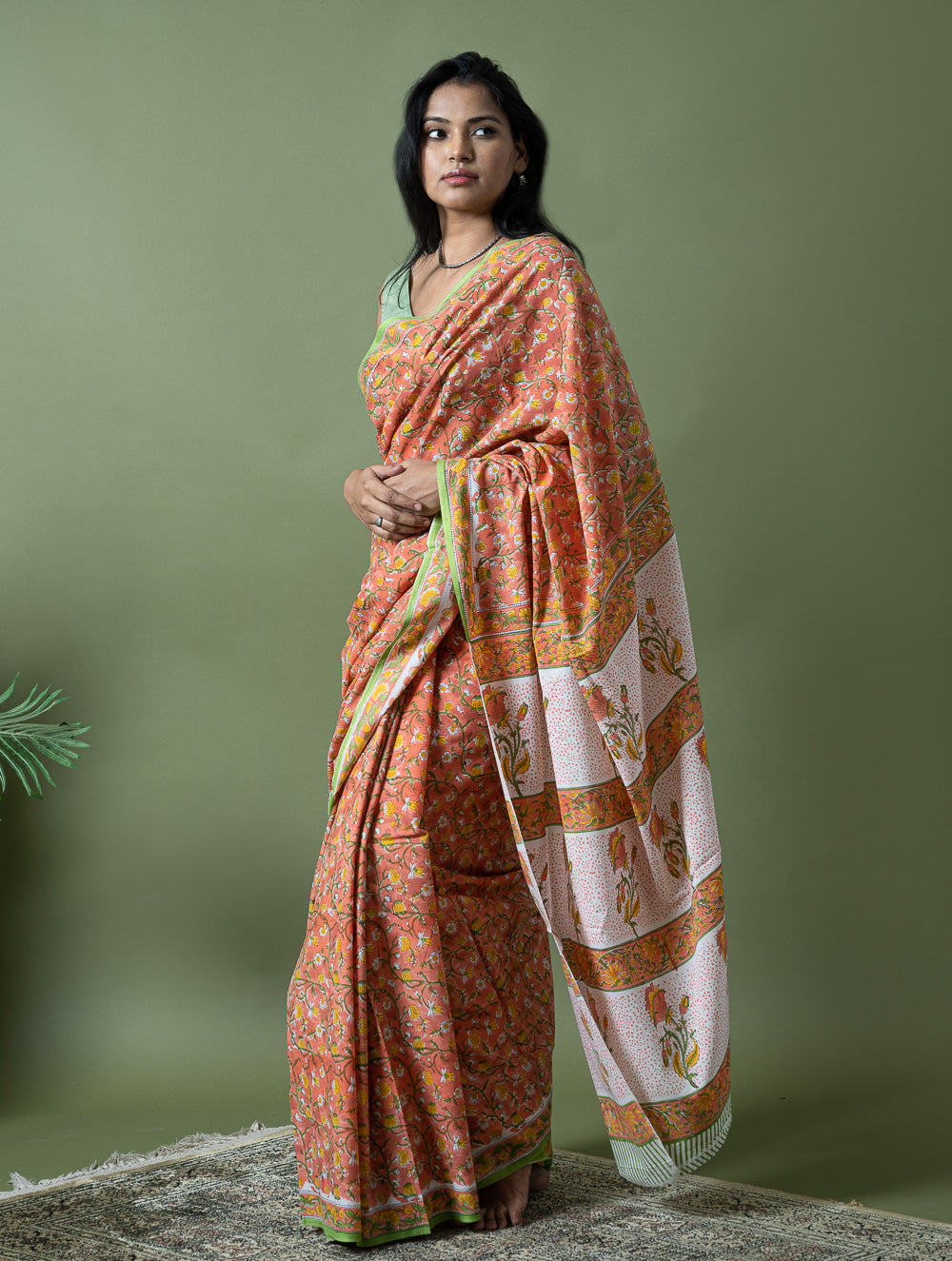 Sanganer Statements. Hand Block Printed Mul Cotton Saree - Peach Flora