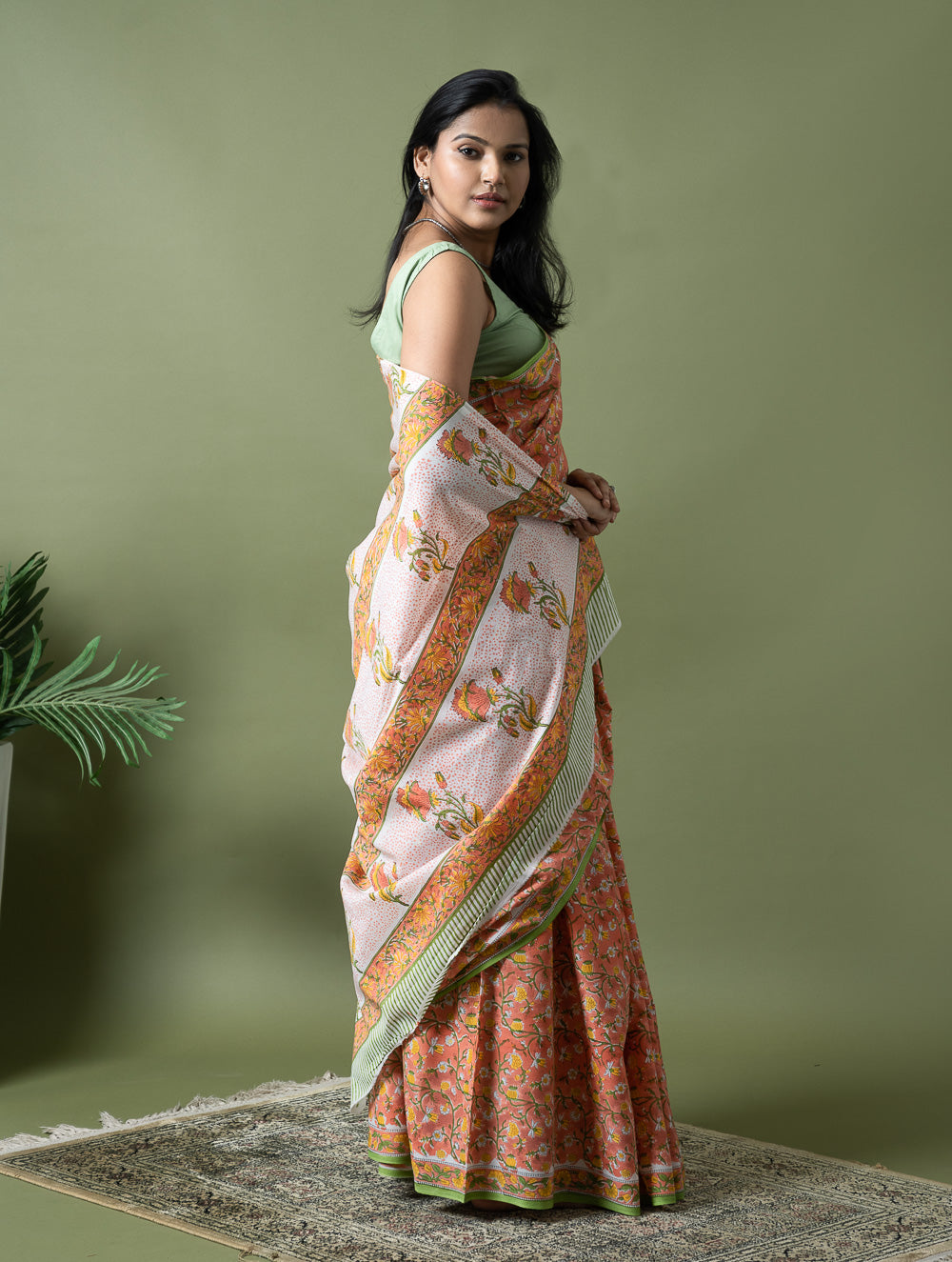 Sanganer Statements. Hand Block Printed Mul Cotton Saree - Peach Flora