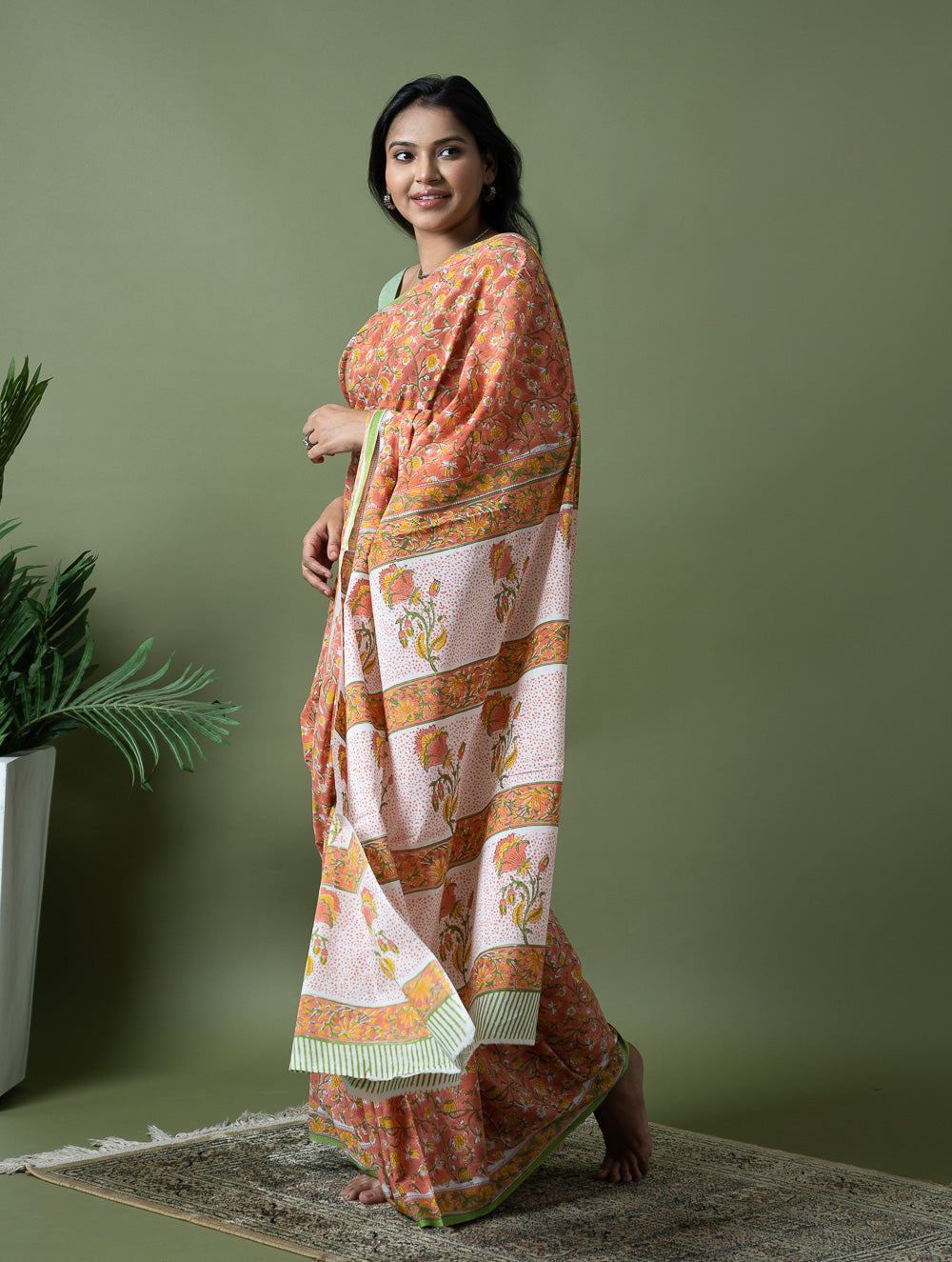 Sanganer Statements. Hand Block Printed Mul Cotton Saree - Peach Flora