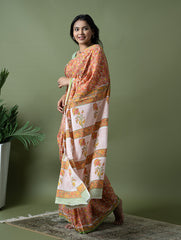 Sanganer Statements. Hand Block Printed Mul Cotton Saree - Peach Flora