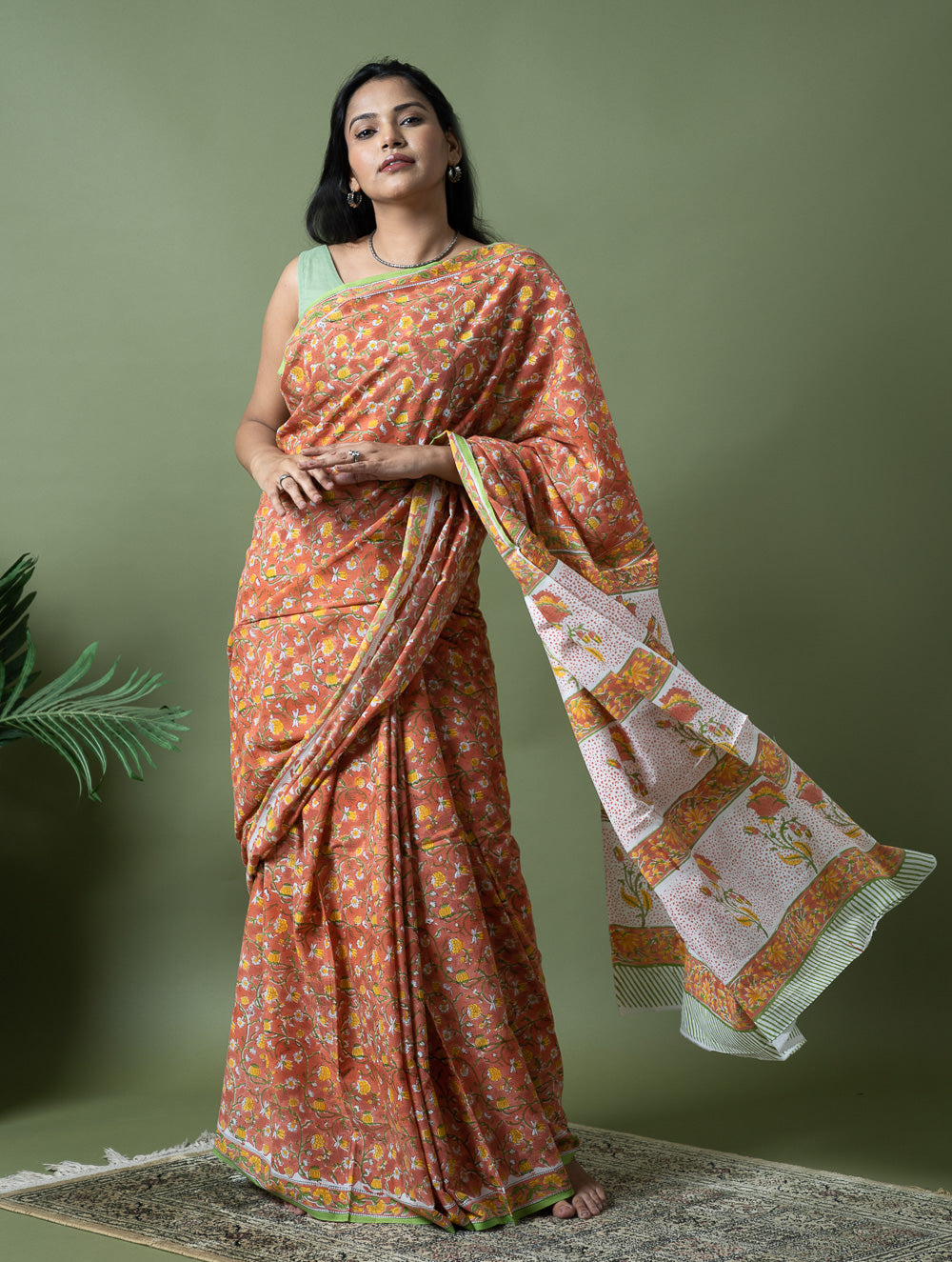 Sanganer Statements. Hand Block Printed Mul Cotton Saree - Peach Flora