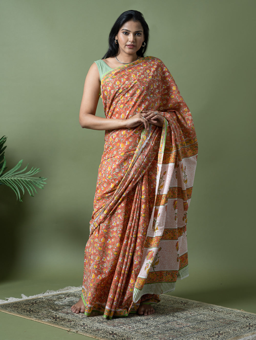 Sanganer Statements. Hand Block Printed Mul Cotton Saree - Peach Flora