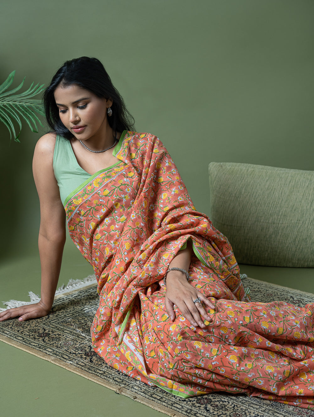 Sanganer Statements. Hand Block Printed Mul Cotton Saree - Peach Flora