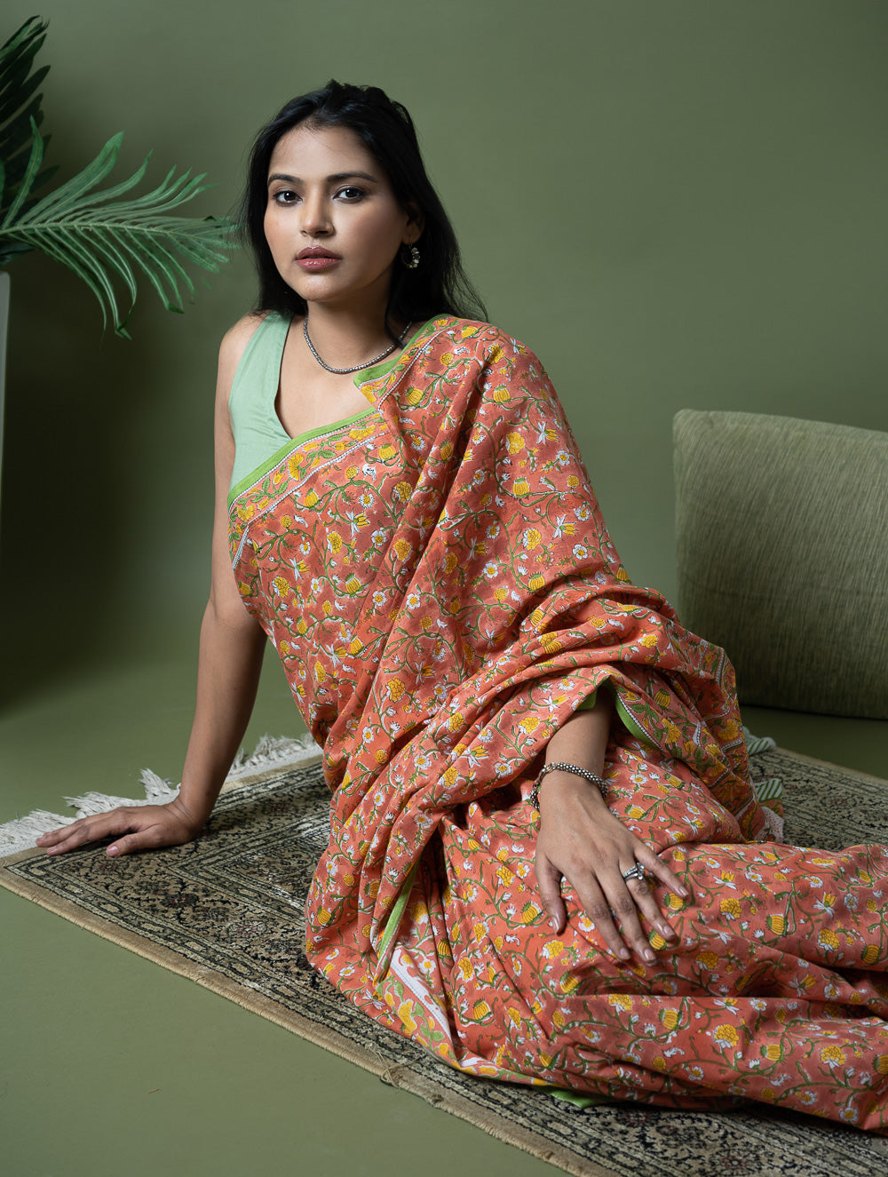 Sanganer Statements. Hand Block Printed Mul Cotton Saree - Peach Flora