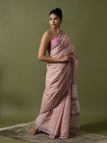 Sanganer Statements. Hand Block Printed Mul Cotton Saree - Peach Florets