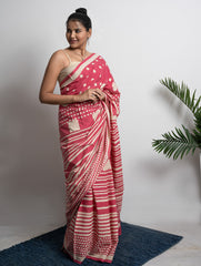 Sanganer Statements. Hand Block Printed Mul Cotton Saree - Pretty Pink 