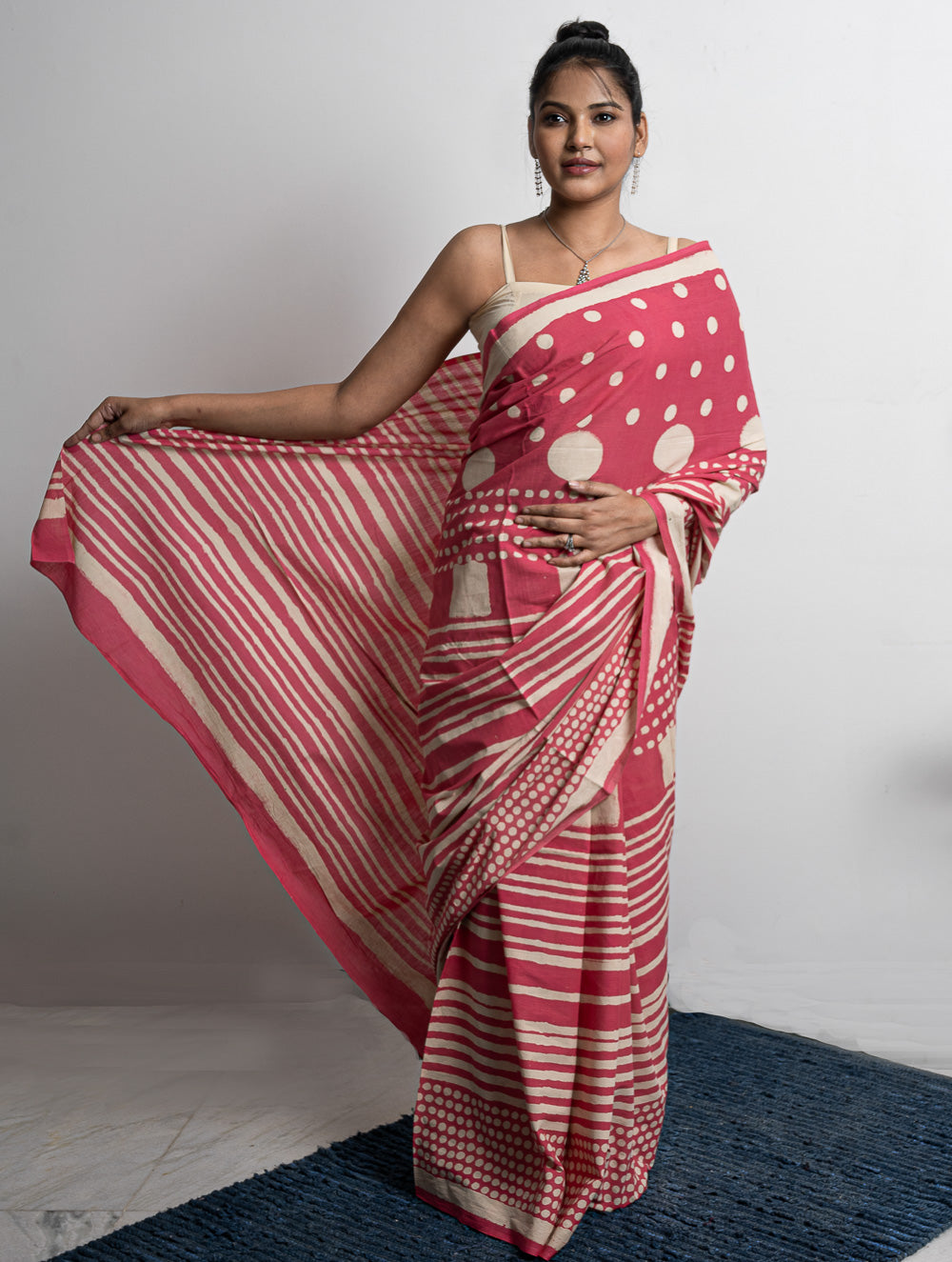 Sanganer Statements. Hand Block Printed Mul Cotton Saree - Pretty Pink 