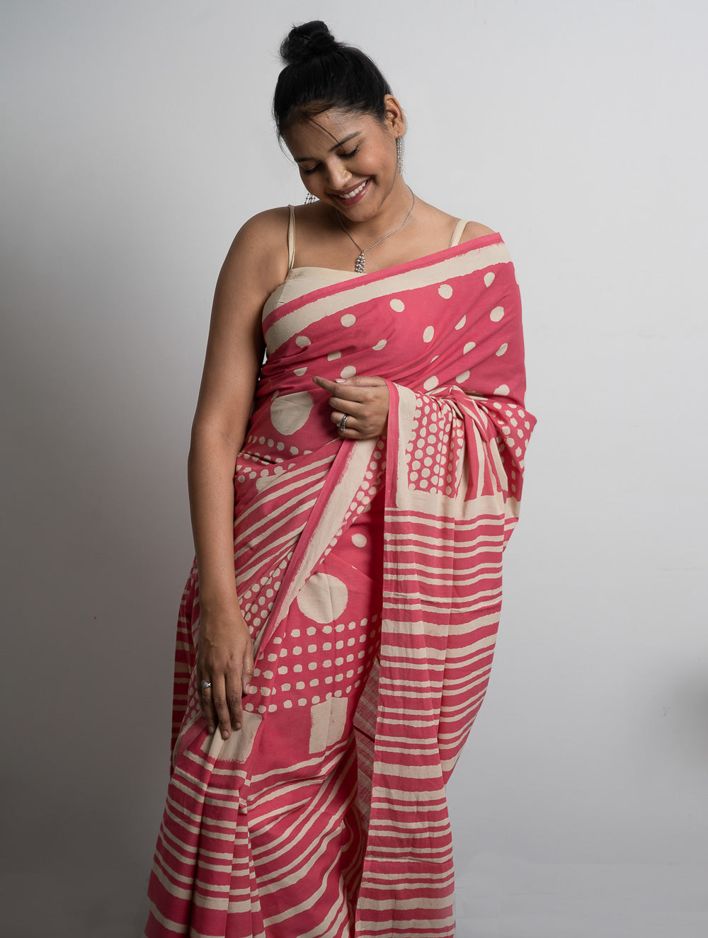 Sanganer Statements. Hand Block Printed Mul Cotton Saree - Pretty Pink 
