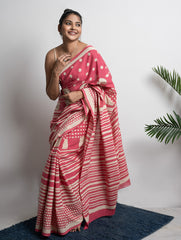 Sanganer Statements. Hand Block Printed Mul Cotton Saree - Pretty Pink 