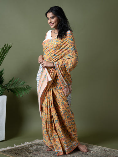 Sanganer Statements. Hand Block Printed Mul Cotton Saree - Summer Floral
