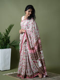 Sanganer Statements. Hand Block Printed Mul Cotton Saree - White Flora