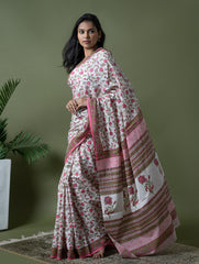 Sanganer Statements. Hand Block Printed Mul Cotton Saree - White Flora