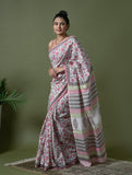 Sanganer Statements. Hand Block Printed Mul Cotton Saree - White Flora
