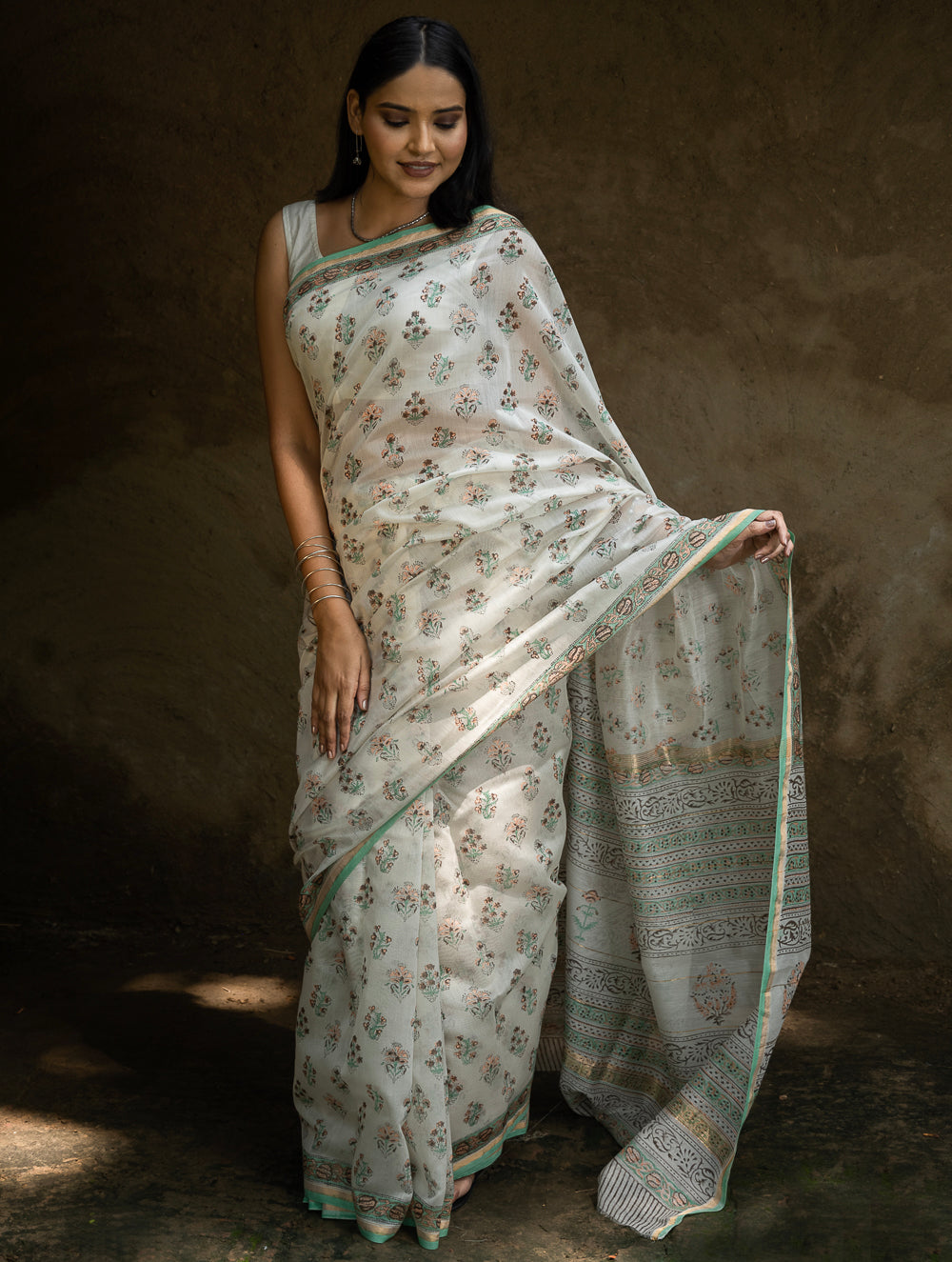 Sanganeri Hand Block Printed Chanderi Saree - Pretty Florals