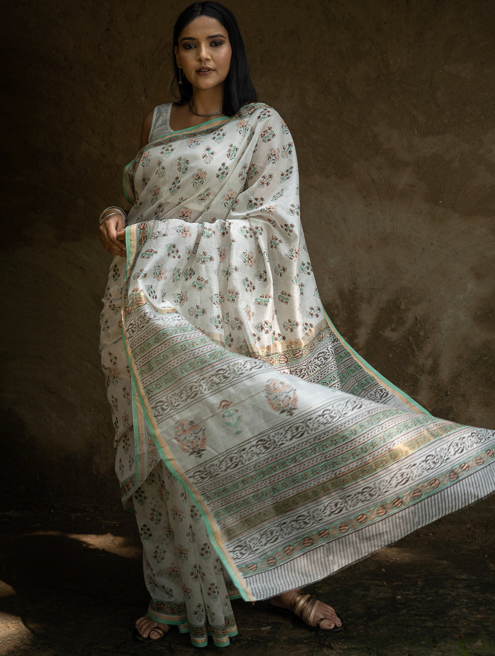 Sanganeri Hand Block Printed Chanderi Saree - Pretty Florals