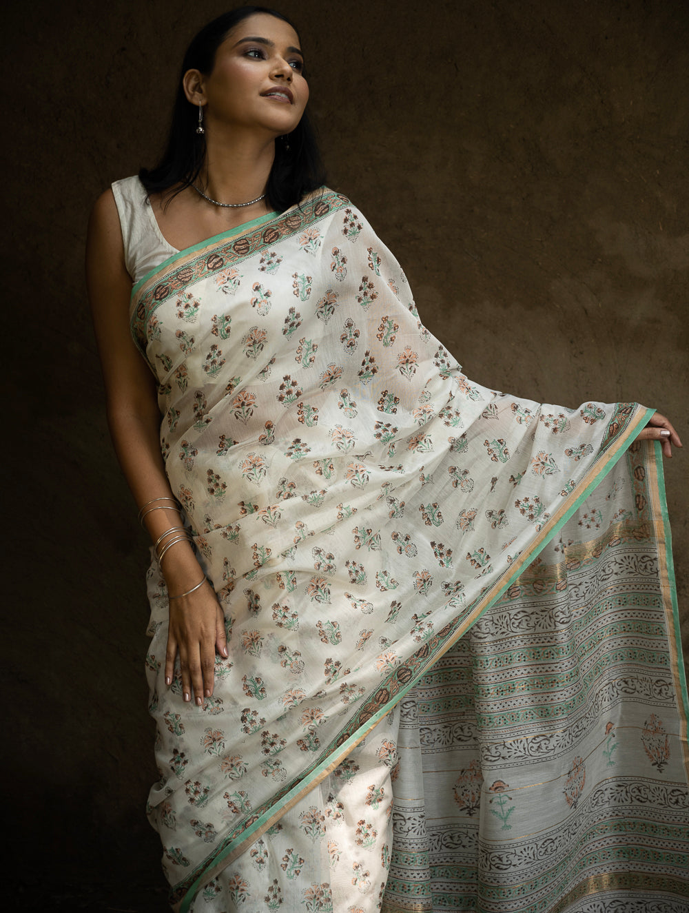 Sanganeri Hand Block Printed Chanderi Saree - Pretty Florals