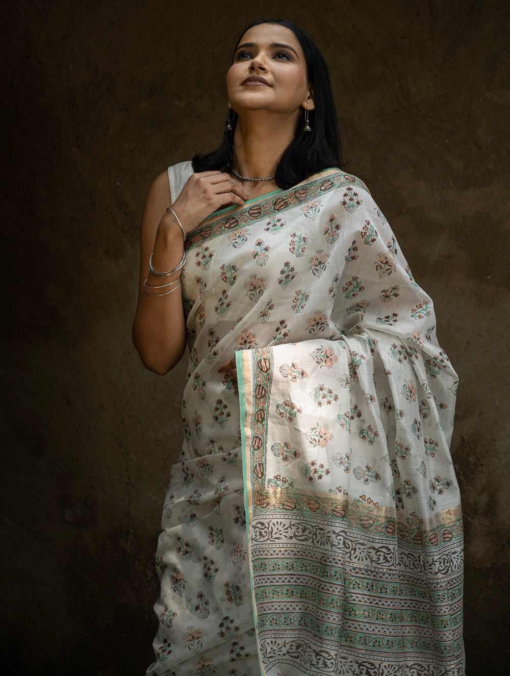 Sanganeri Hand Block Printed Chanderi Saree - Pretty Florals