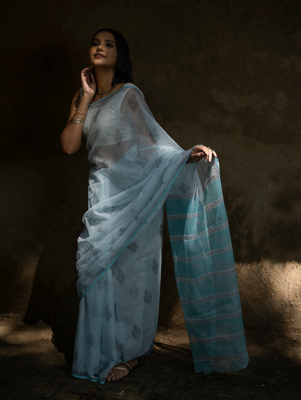 Sanganeri Hand Block Printed Kota Doria Saree - Ocean Moods