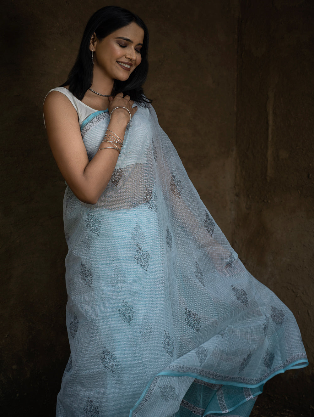 Sanganeri Hand Block Printed Kota Doria Saree - Ocean Moods