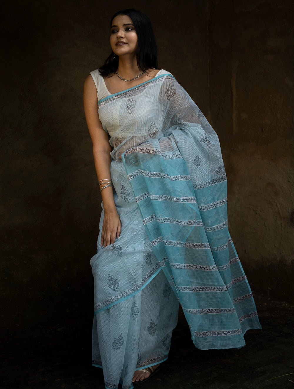 Sanganeri Hand Block Printed Kota Doria Saree - Ocean Moods