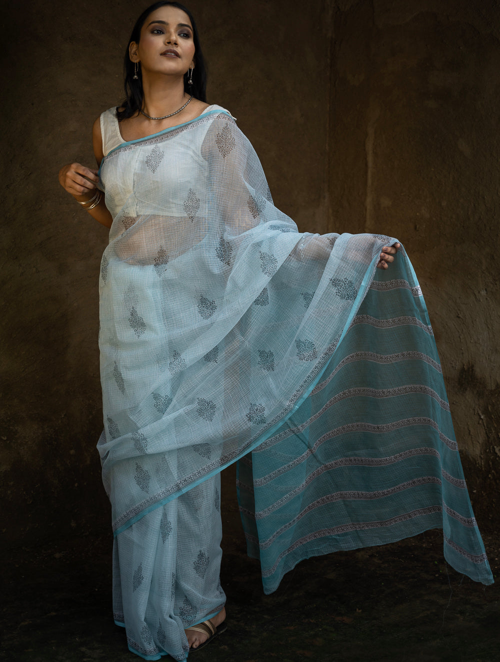 Sanganeri Hand Block Printed Kota Doria Saree - Ocean Moods