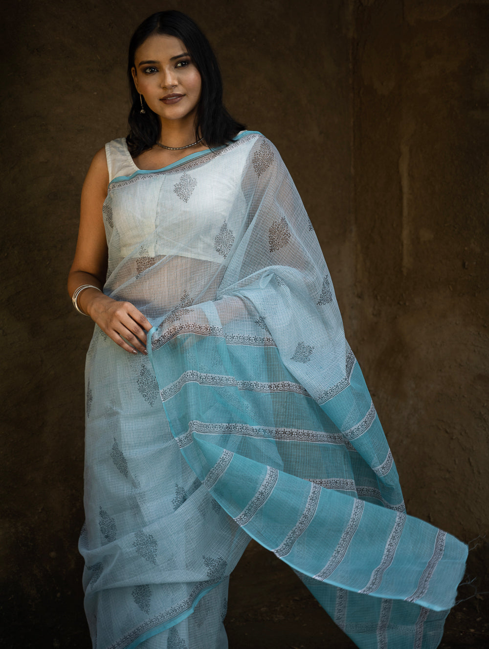 Sanganeri Hand Block Printed Kota Doria Saree - Ocean Moods